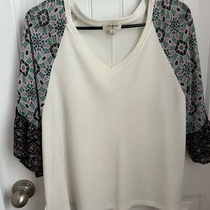 Umgee Waffle Knit Top with Printed Sleeves